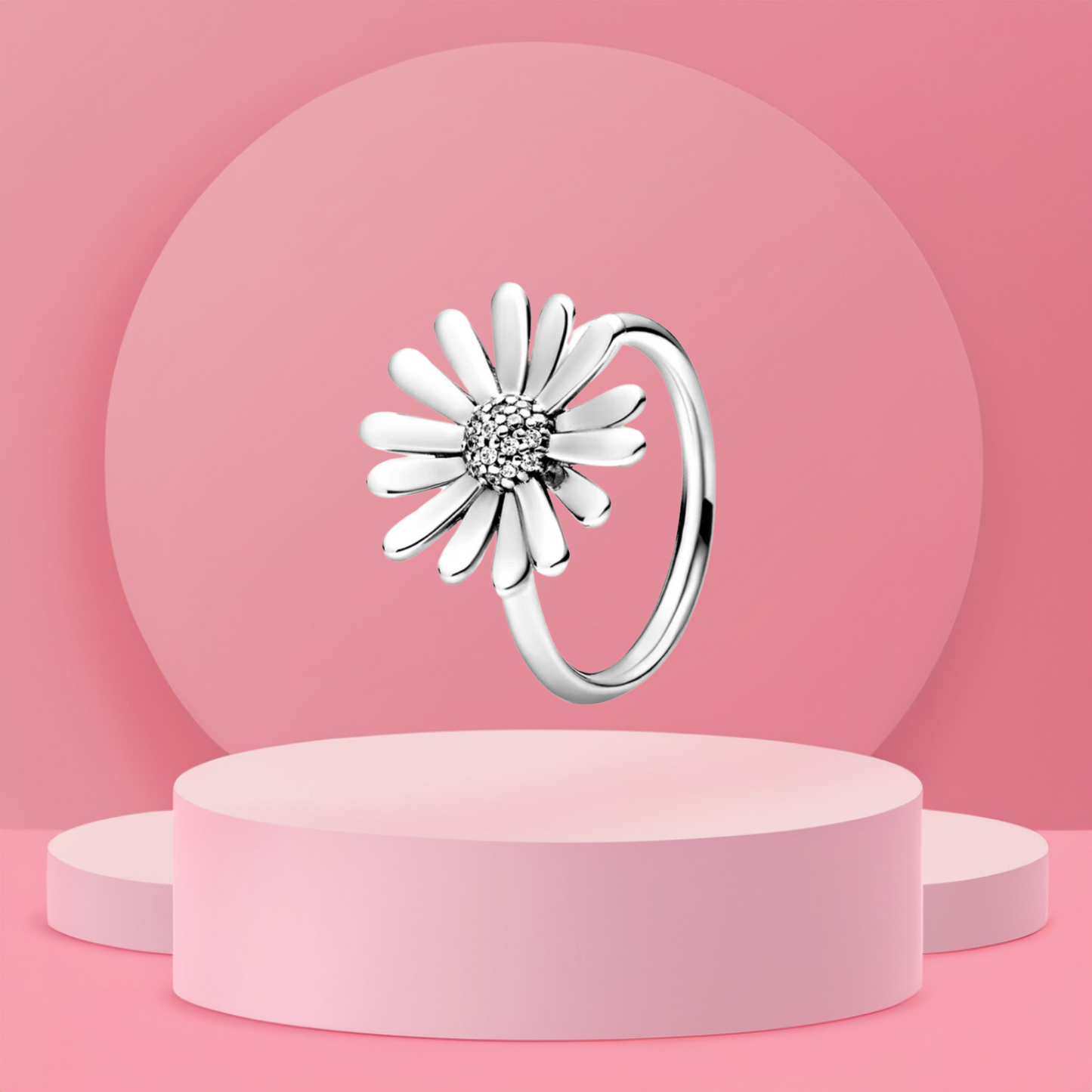 Anillo Abierto con Diseño de Margarita y Detalles Brillantes en Plata de Ley 925 para Mujer