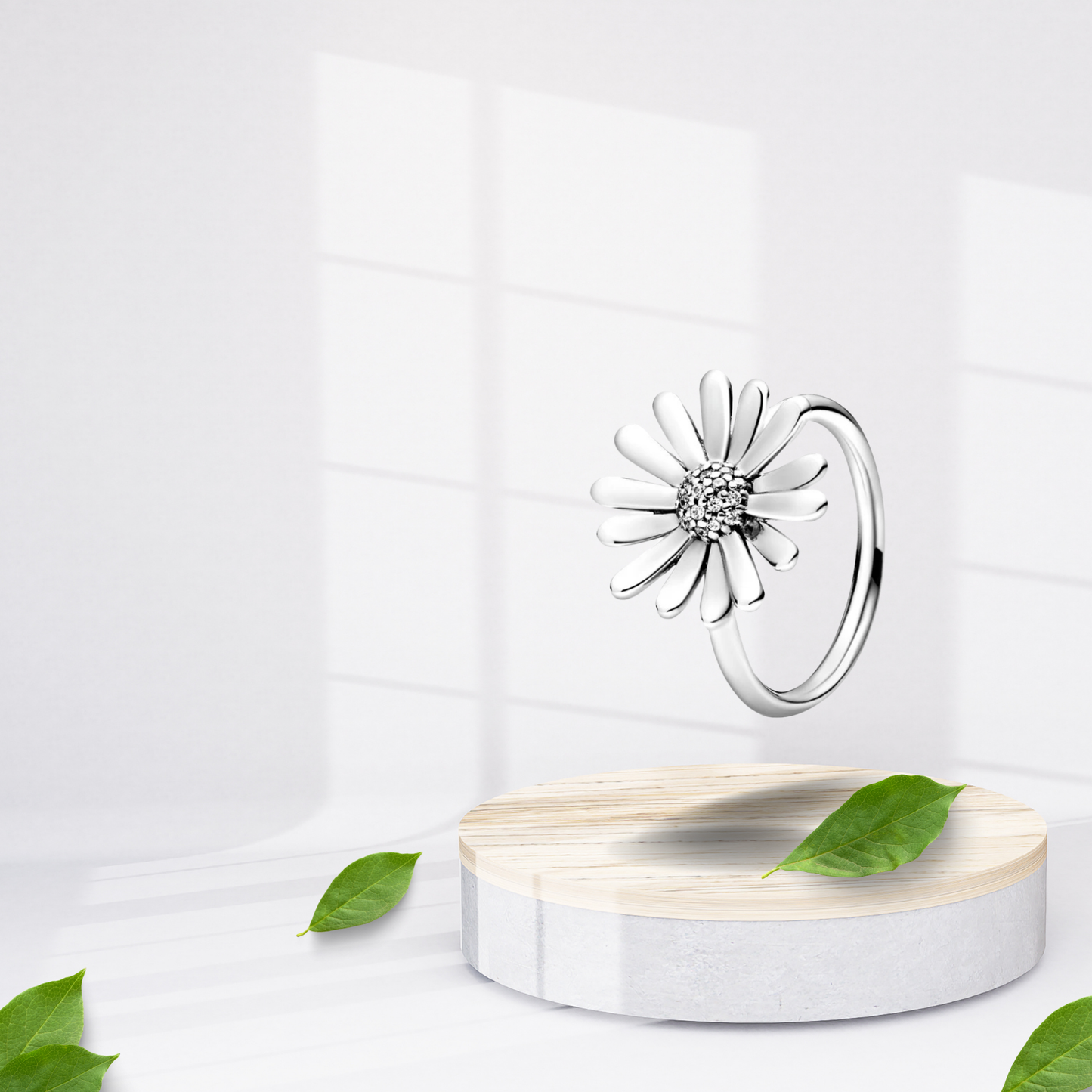 Anillo Abierto con Diseño de Margarita y Detalles Brillantes en Plata de Ley 925 para Mujer