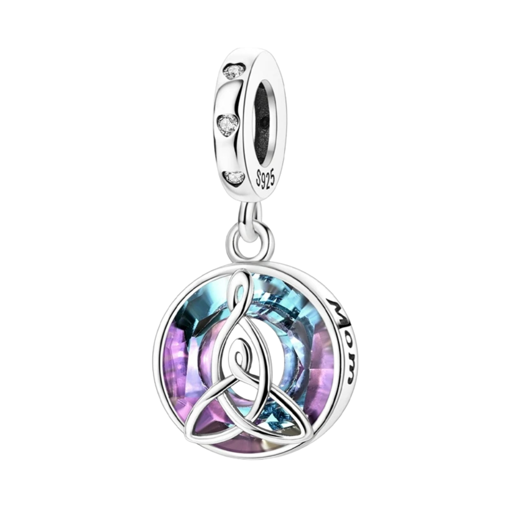 Charm Colgante Círculo Brillante Multicolor con Grabado "Mom" en Plata de Ley 925