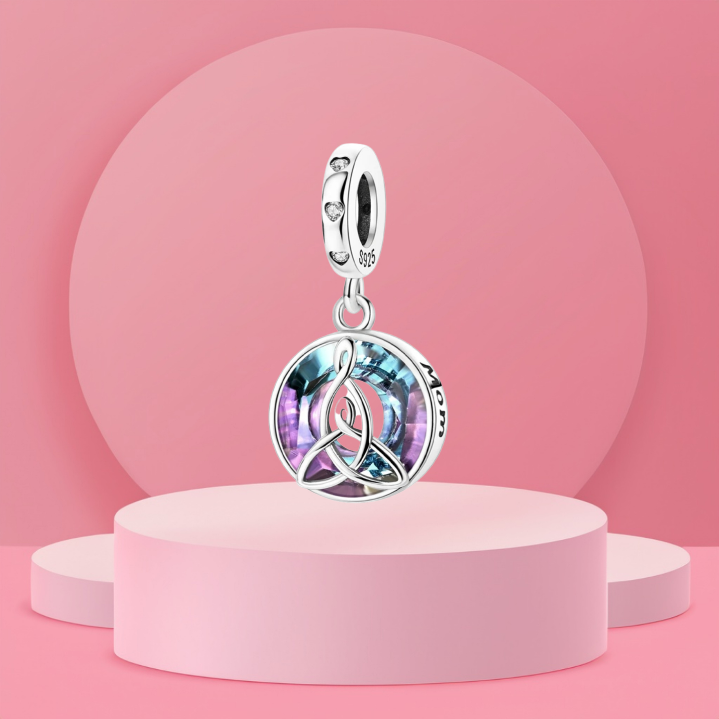 Charm Colgante Círculo Multicolor con Grabado "Mom" y Piedras Brillantes en Plata de Ley 925 Compatible con Pulseras