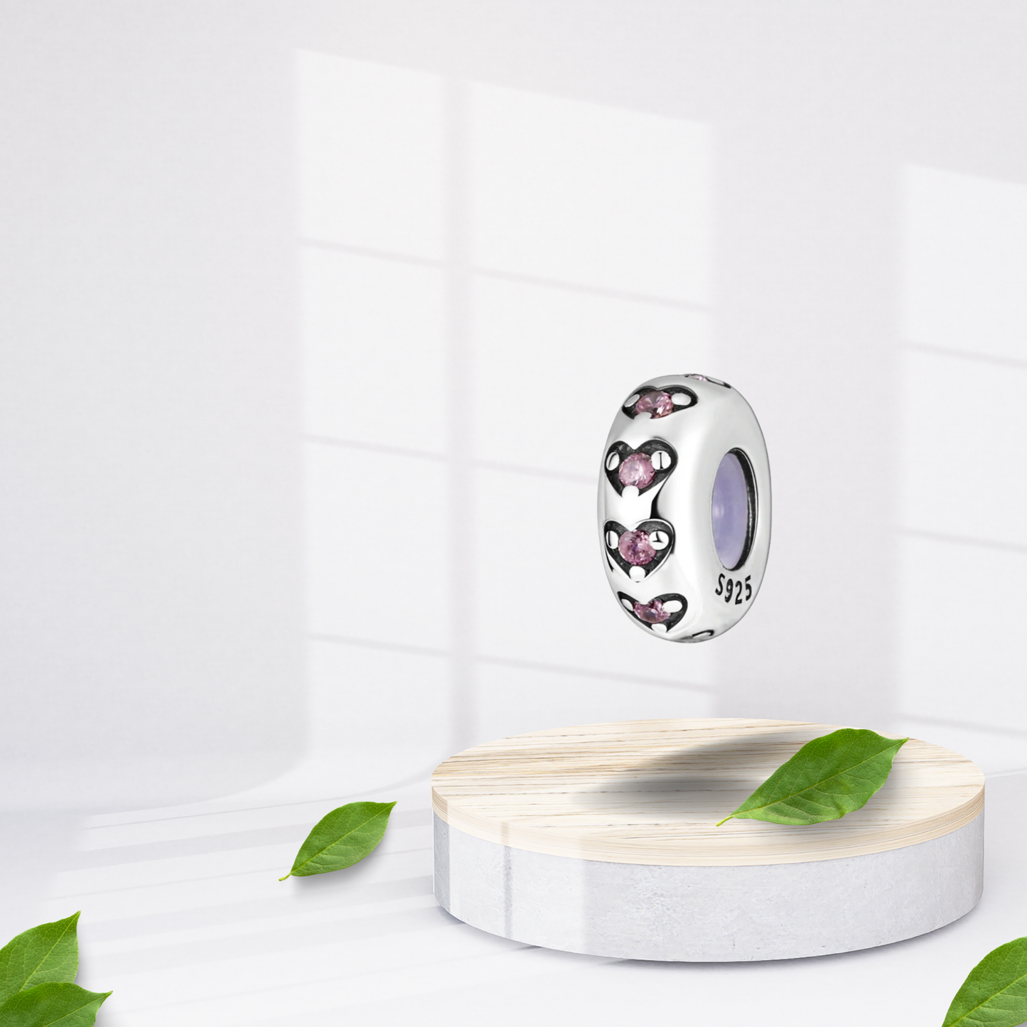 Charm Separador con Corazones y Piedras Rosas en Plata de Ley 925 Compatible con Pulseras Tipo Europeo
