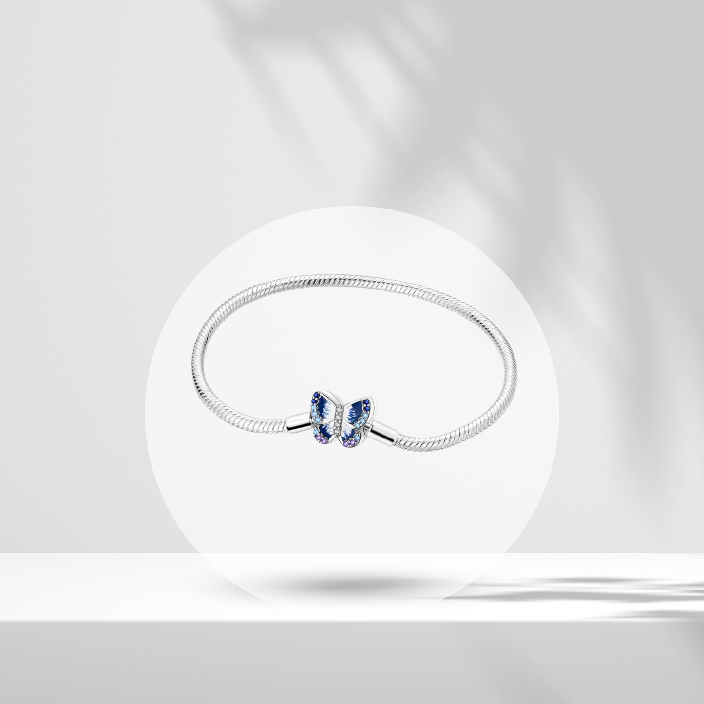Pulsera Cadena de Serpiente con Cierre de Mariposa Azul en Plata de Ley 925 Compatible con Charms Europeos