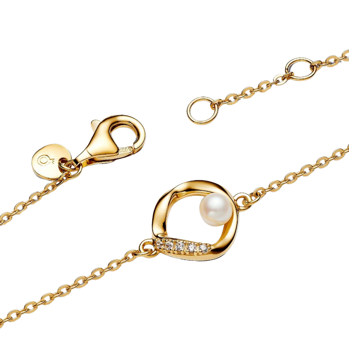 Pulsera Pandora Círculo Forma Orgánica en Pavé y Perla Cultivada de Agua Dulce - BeJoyasVintage