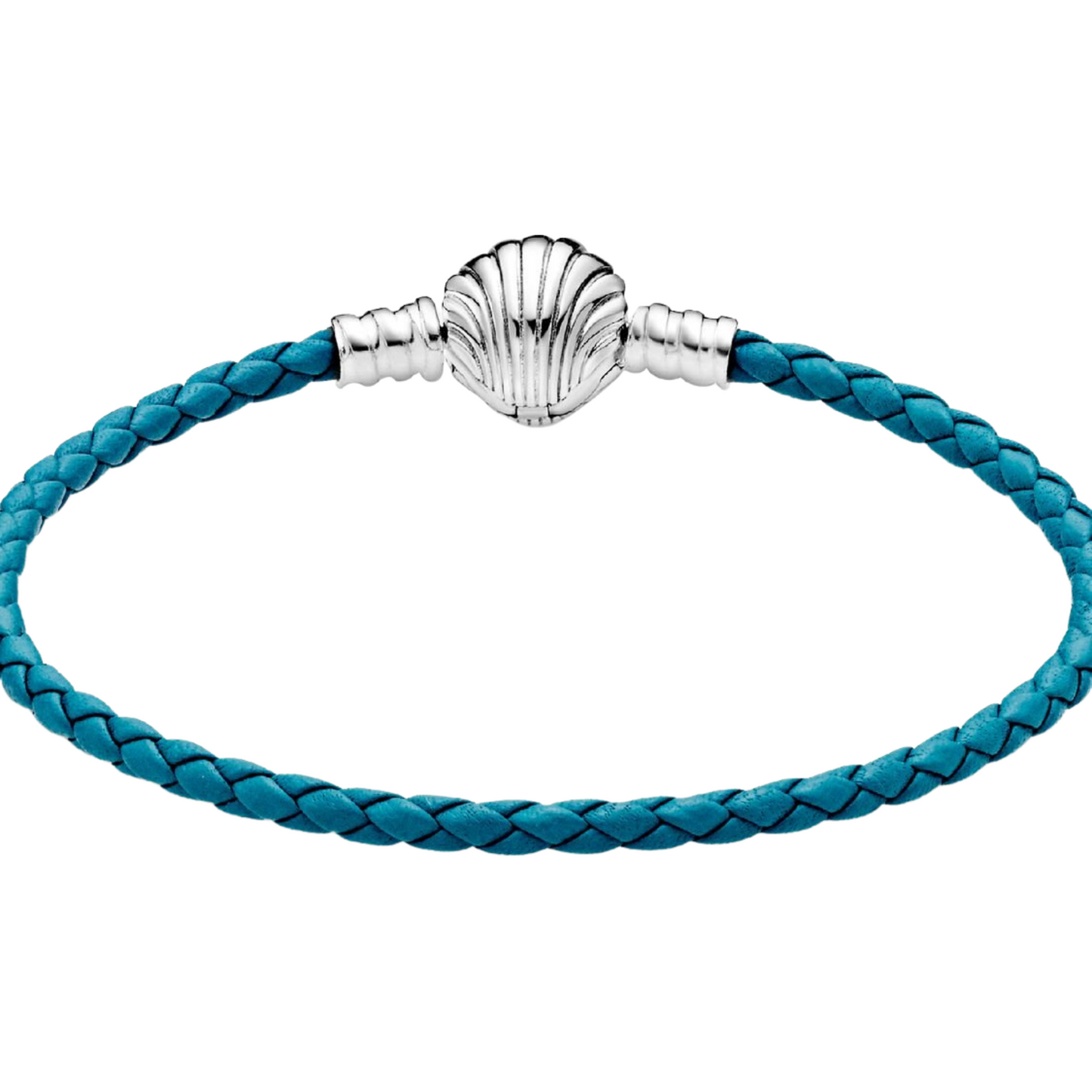 Pulsera Pandora Moments en Cuero Trenzado Turquesa con Cierre de Concha - BeJoyasVintage