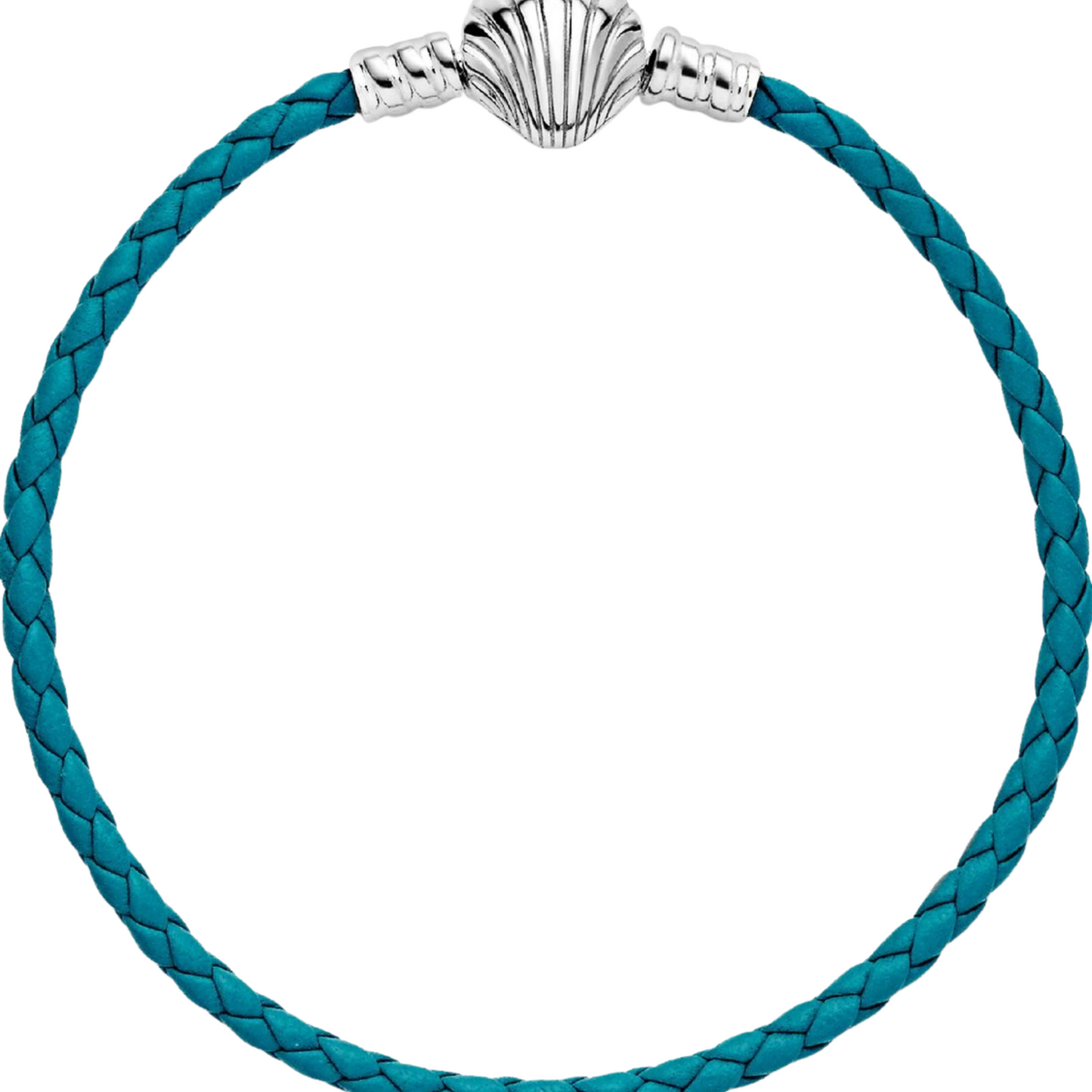 Pulsera Pandora Moments en Cuero Trenzado Turquesa con Cierre de Concha - BeJoyasVintage