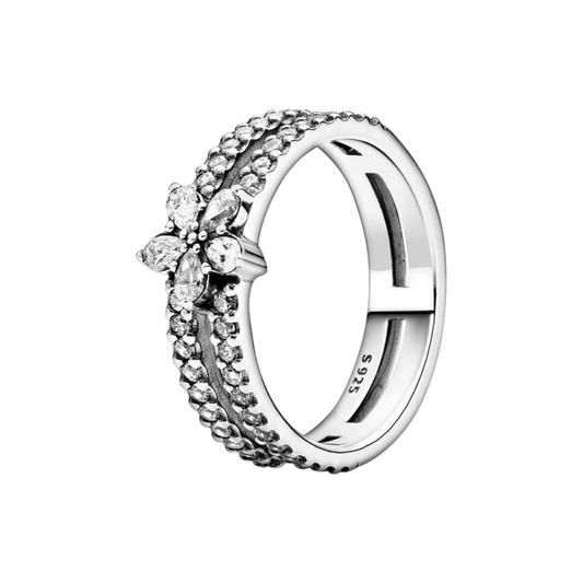 Anillo Banda Doble con Flor Brillante en Plata de Ley 925