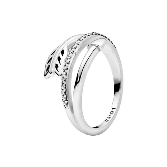 Anillo Abierto Hoja y Brillantes en Plata de Ley 925