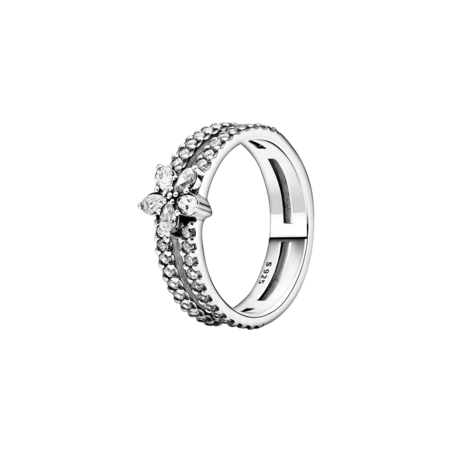 Anillo de Banda Doble con Flor Decorativa y Piedra Brillante en Plata de Ley 925 para Mujer