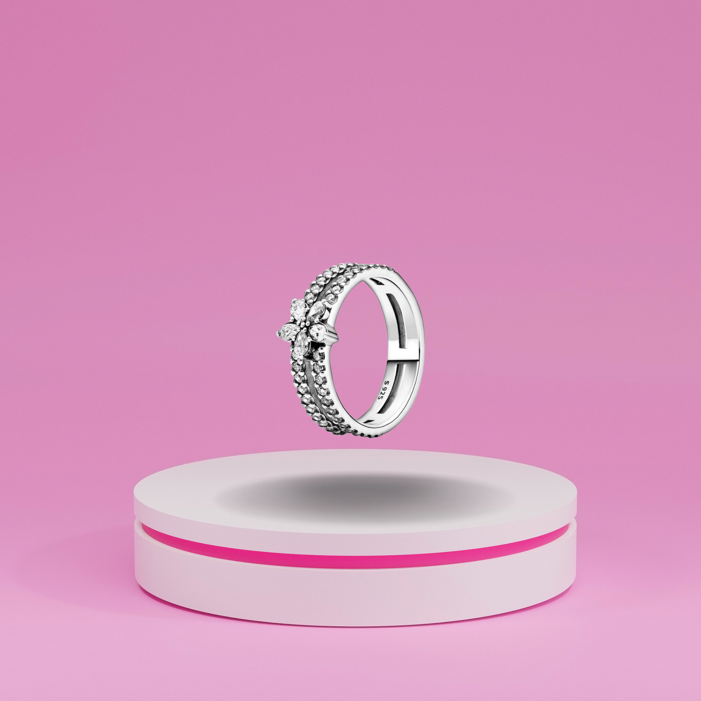 Anillo de Banda Doble con Flor Decorativa y Piedra Brillante en Plata de Ley 925 para Mujer