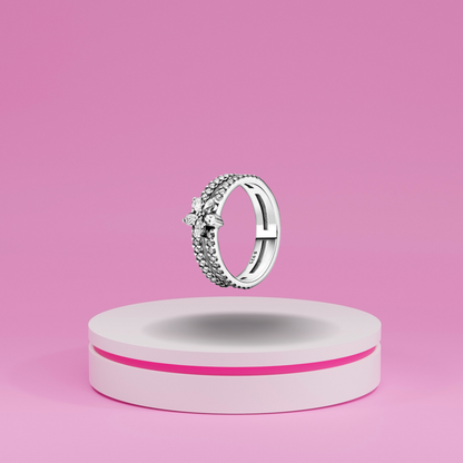 Anillo de Banda Doble con Flor Decorativa y Piedra Brillante en Plata de Ley 925 para Mujer