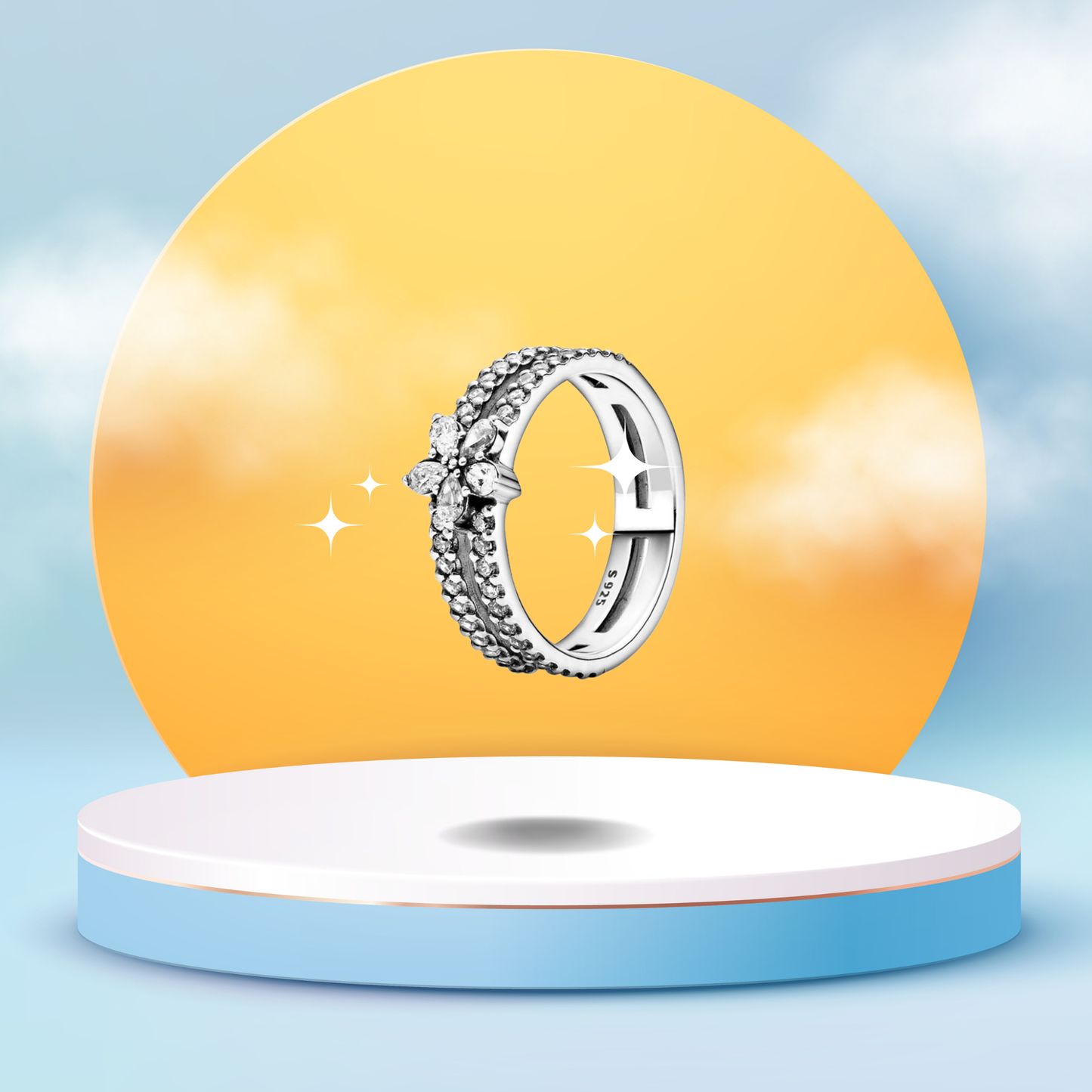 Anillo de Banda Doble con Flor Decorativa y Piedra Brillante en Plata de Ley 925 para Mujer