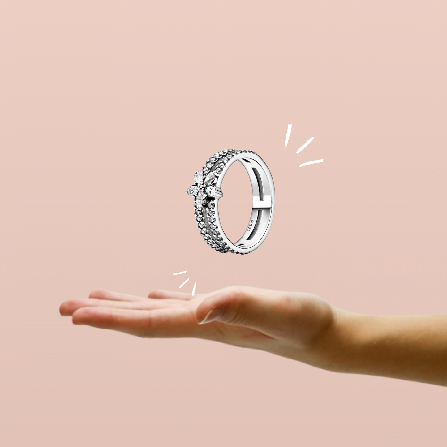 Anillo de Banda Doble con Flor Decorativa y Piedra Brillante en Plata de Ley 925 para Mujer