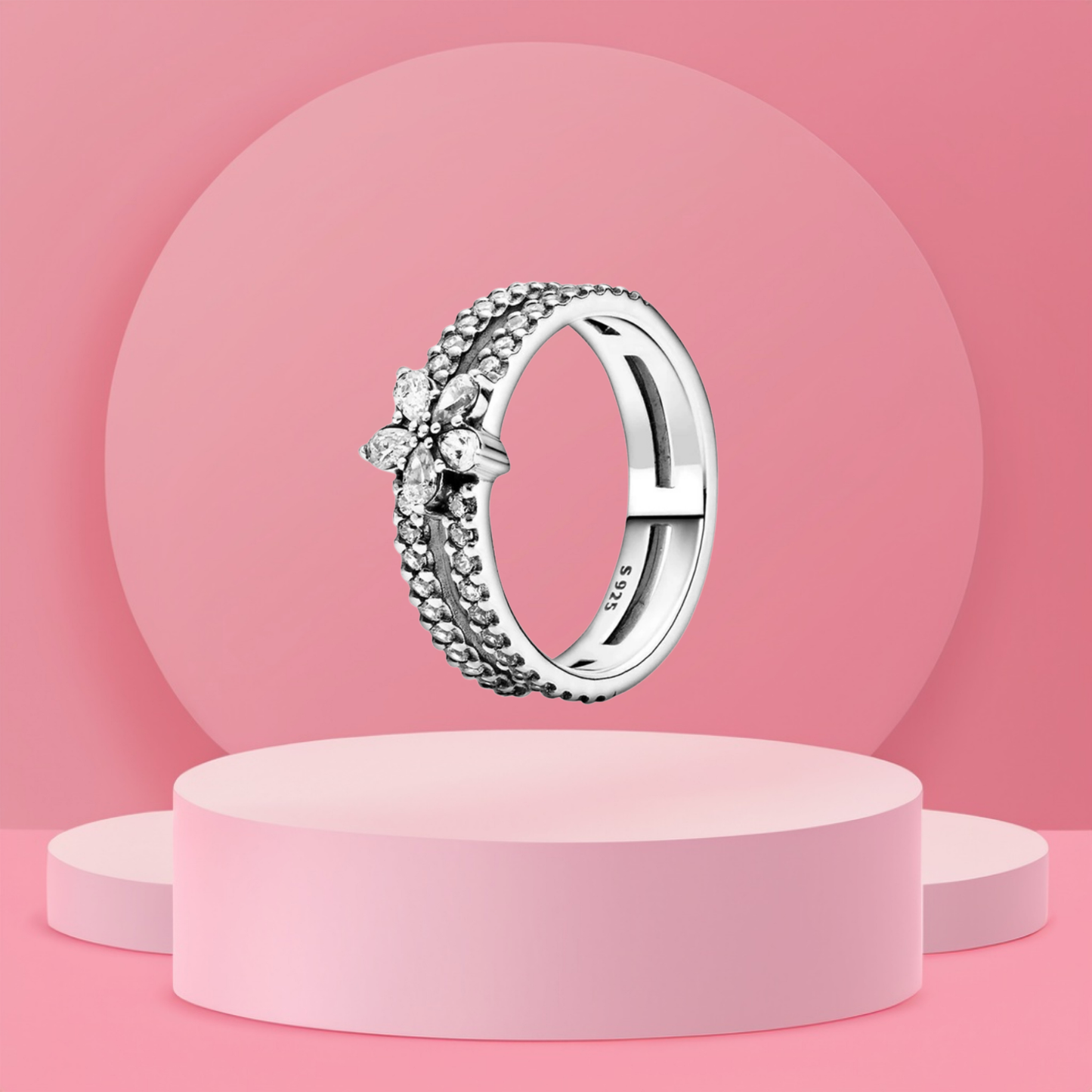 Anillo de Banda Doble con Flor Decorativa y Piedra Brillante en Plata de Ley 925 para Mujer