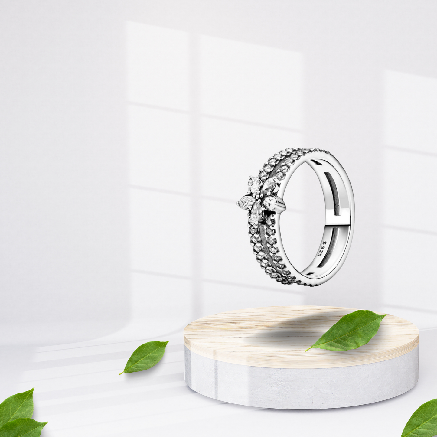 Anillo de Banda Doble con Flor Decorativa y Piedra Brillante en Plata de Ley 925 para Mujer