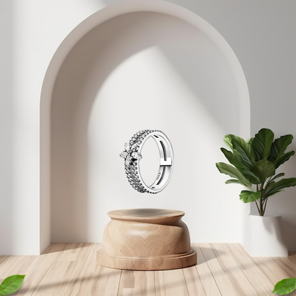 Anillo de Banda Doble con Flor Decorativa y Piedra Brillante en Plata de Ley 925 para Mujer