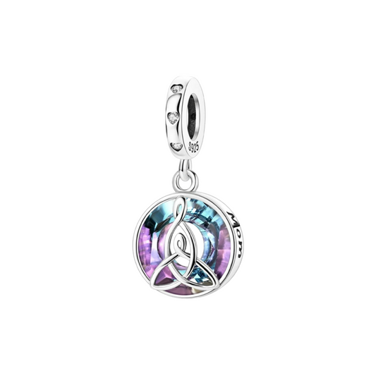 Charm Colgante Círculo Multicolor con Grabado "Mom" y Piedras Brillantes en Plata de Ley 925 Compatible con Pulseras
