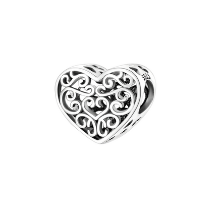 Charm Colgante Corazón Calado con Diseño de Filigrana en Plata de Ley 925 Compatible con Pulseras Europeas