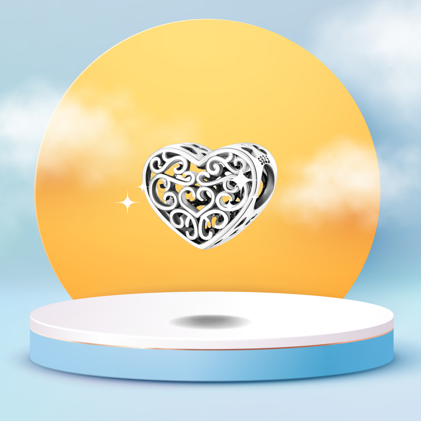 Charm Colgante Corazón Calado con Diseño de Filigrana en Plata de Ley 925 Compatible con Pulseras Europeas