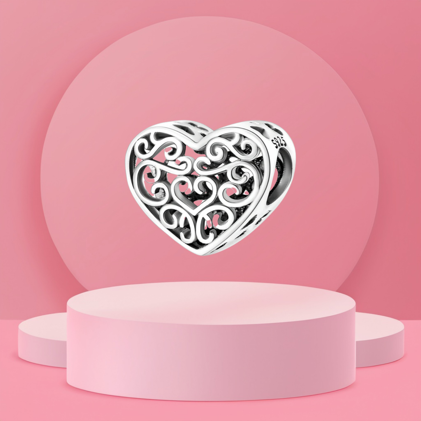 Charm Colgante Corazón Calado con Diseño de Filigrana en Plata de Ley 925 Compatible con Pulseras Europeas