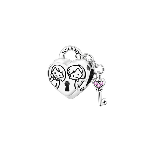 Charm Colgante Corazón con Llave y Grabado "You & Me" en Plata de Ley 925 Compatible con Pulseras Europeas