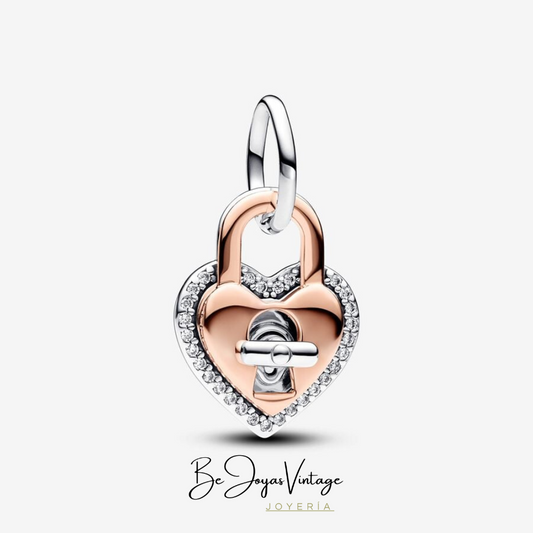 Charm Pendant Double Heart Rotating Padlock in Two Tone - BeJoyasVintage 