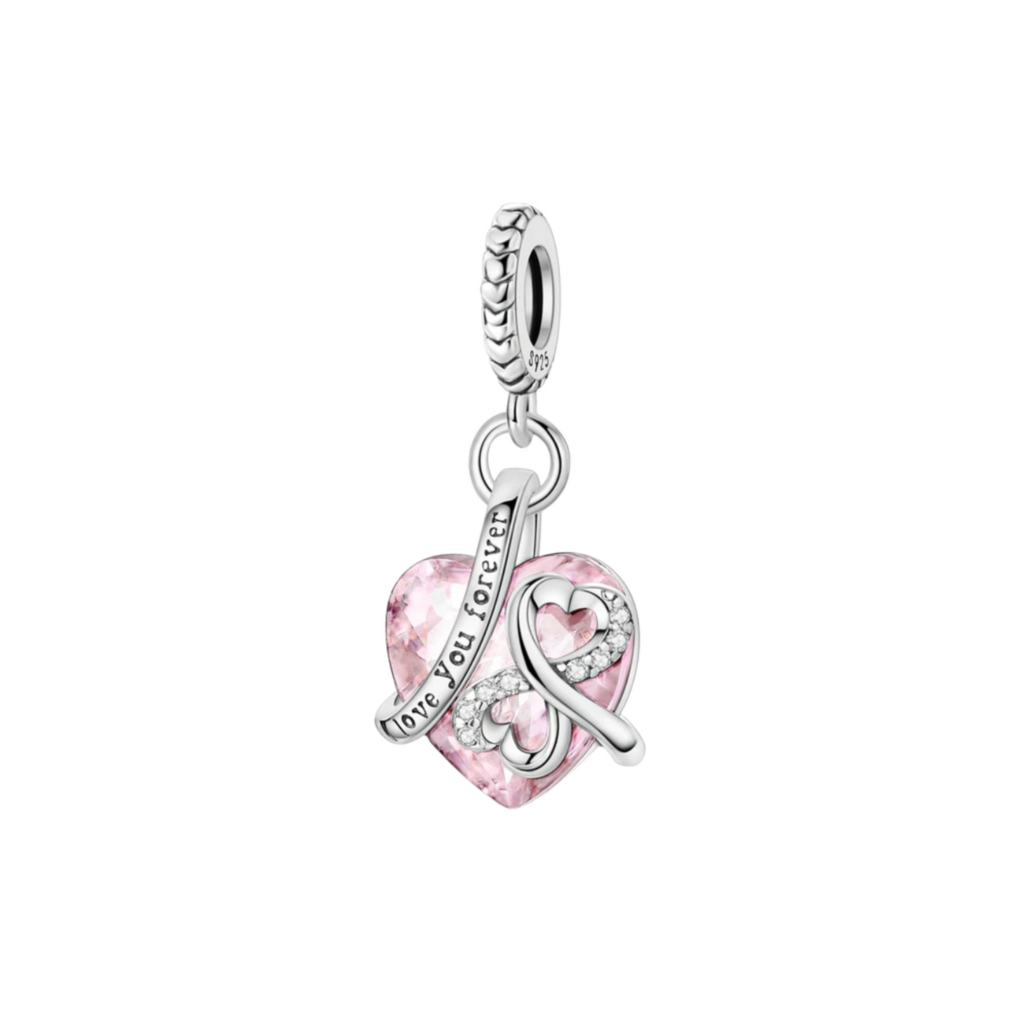 Charm Colgante en Forma de Corazón Rosa con Grabado "Love You Forever" en Plata de Ley 925 Compatible con Pulseras
