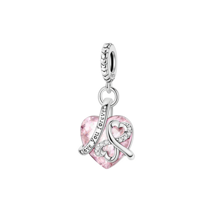 Charm Colgante en Forma de Corazón Rosa con Grabado "Love You Forever" en Plata de Ley 925 Compatible con Pulseras