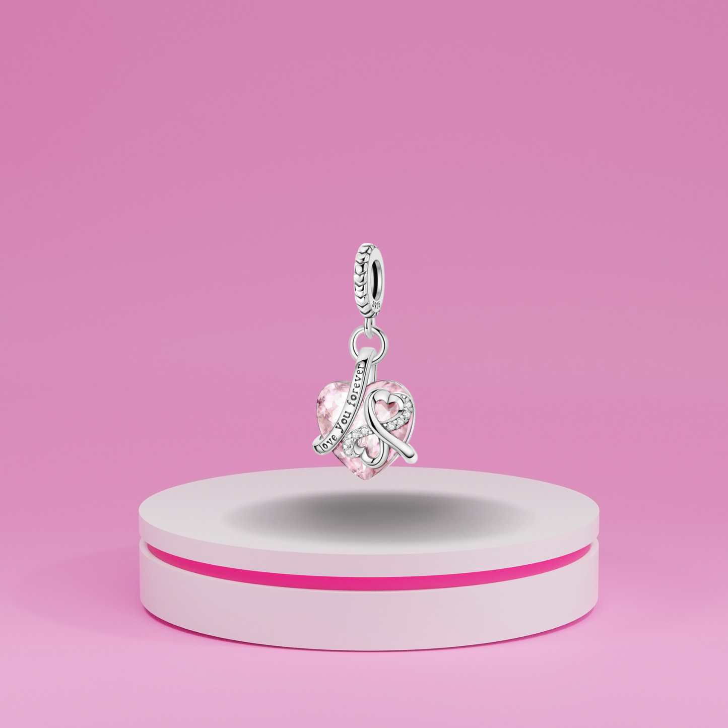 Charm Colgante en Forma de Corazón Rosa con Grabado "Love You Forever" en Plata de Ley 925 Compatible con Pulseras