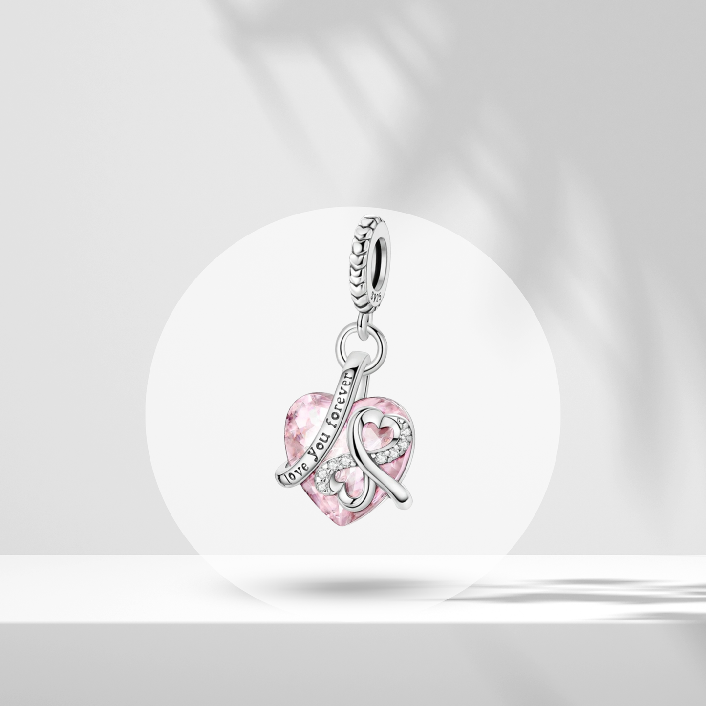 Charm Colgante en Forma de Corazón Rosa con Grabado "Love You Forever" en Plata de Ley 925 Compatible con Pulseras