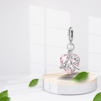 Charm Colgante en Forma de Corazón Rosa con Grabado "Love You Forever" en Plata de Ley 925 Compatible con Pulseras