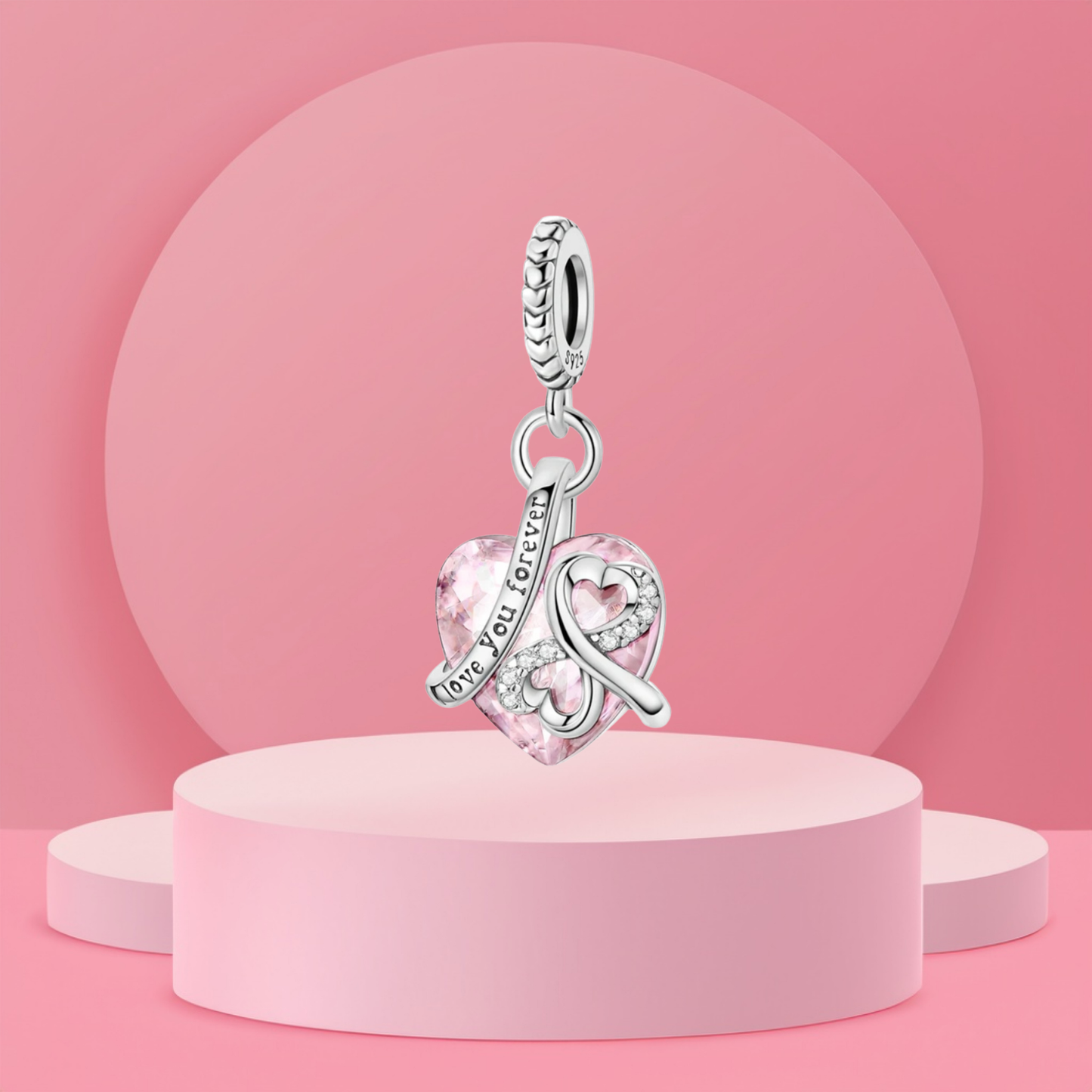 Charm Colgante en Forma de Corazón Rosa con Grabado "Love You Forever" en Plata de Ley 925 Compatible con Pulseras