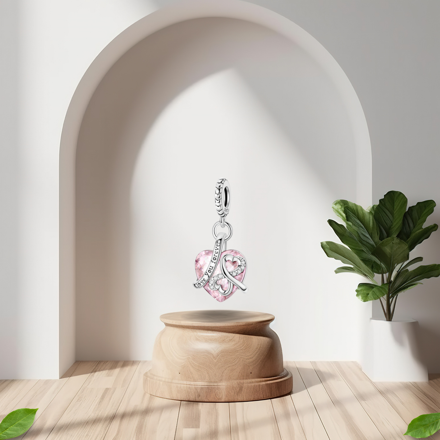 Charm Colgante en Forma de Corazón Rosa con Grabado "Love You Forever" en Plata de Ley 925 Compatible con Pulseras