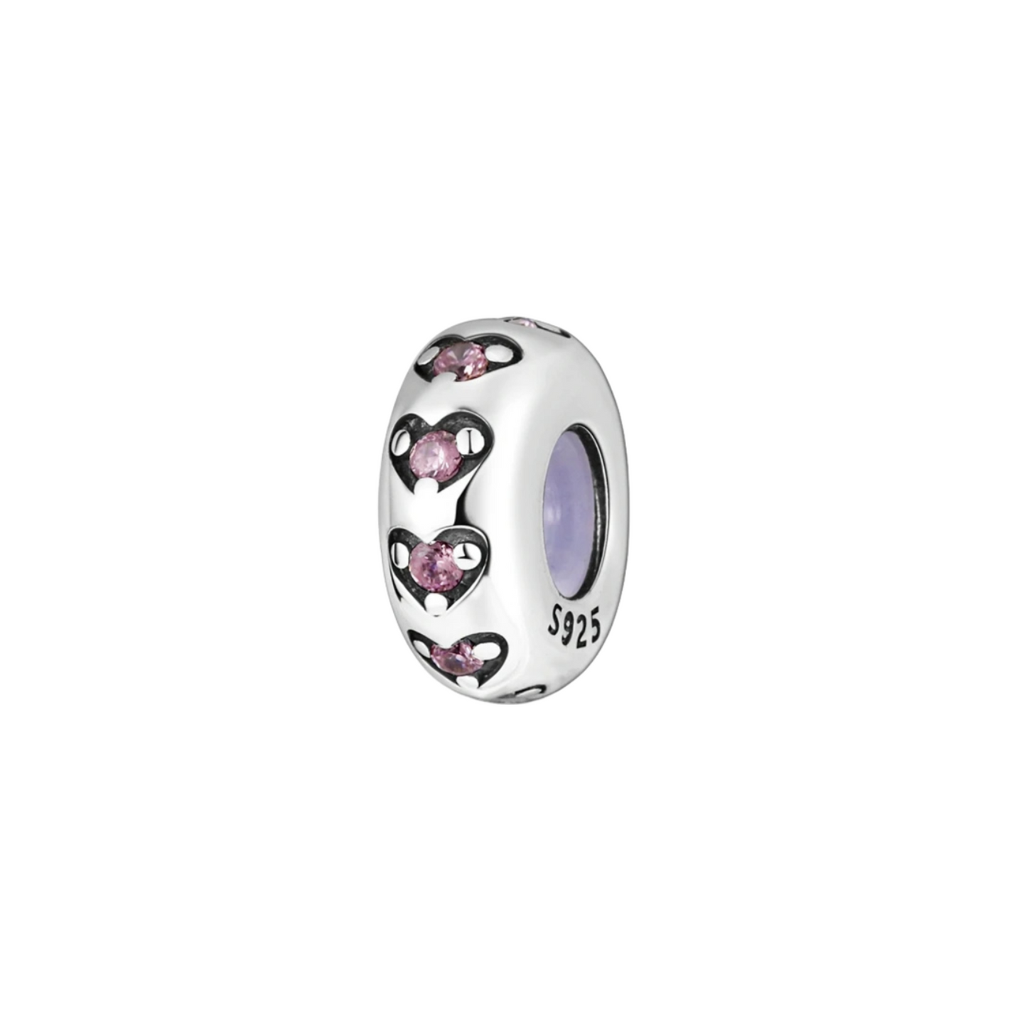Charm Separador con Corazones y Piedras Rosas en Plata de Ley 925 Compatible con Pulseras Tipo Europeo