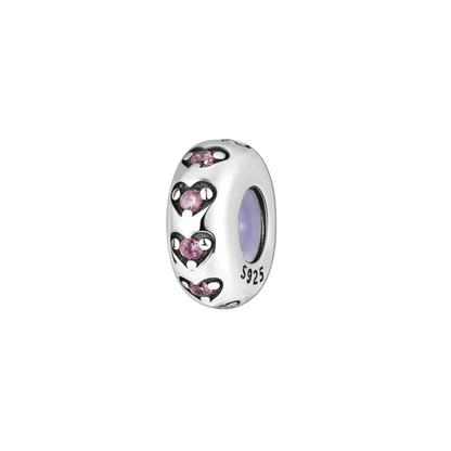 Charm Separador con Corazones y Piedras Rosas en Plata de Ley 925 Compatible con Pulseras Tipo Europeo