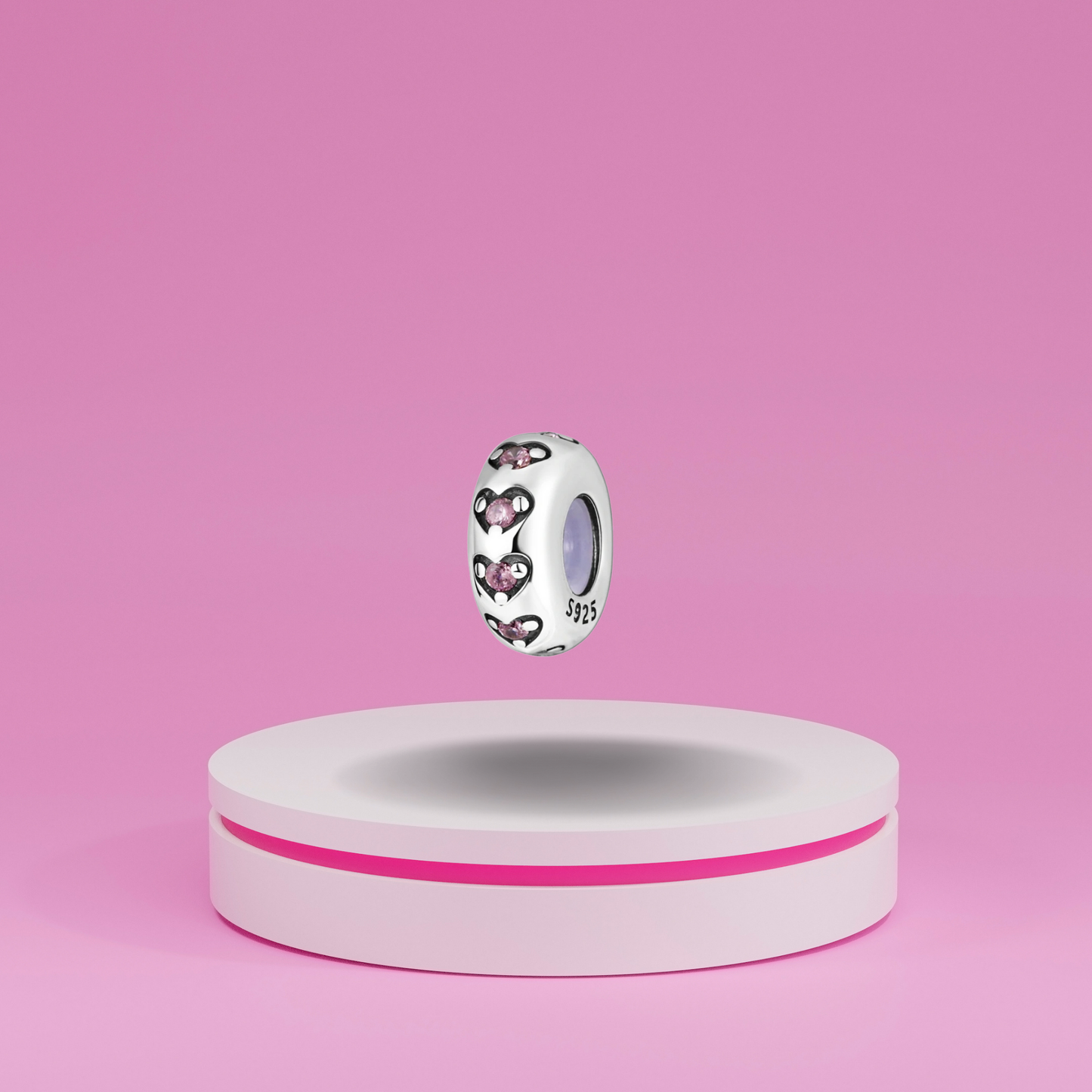 Charm Separador con Corazones y Piedras Rosas en Plata de Ley 925 Compatible con Pulseras Tipo Europeo