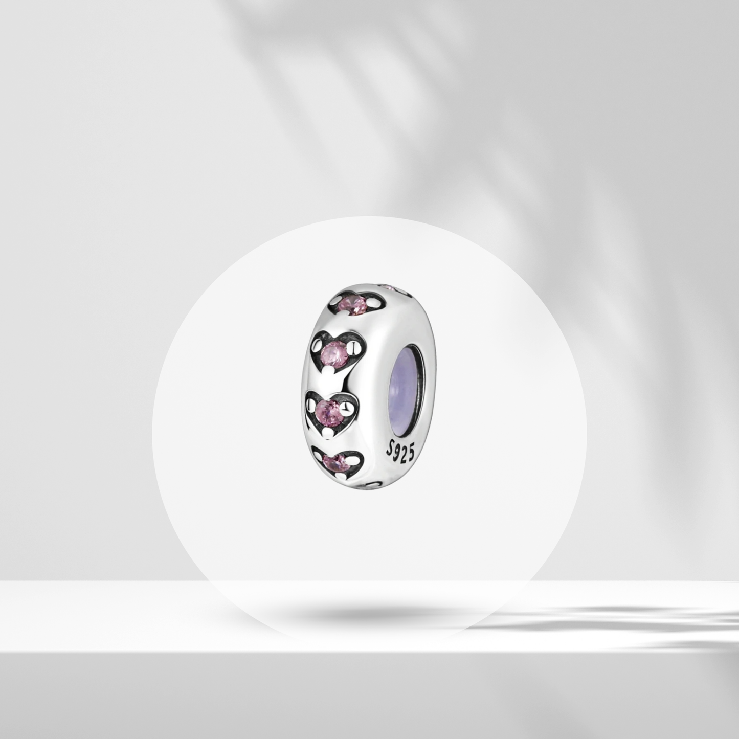 Charm Separador con Corazones y Piedras Rosas en Plata de Ley 925 Compatible con Pulseras Tipo Europeo