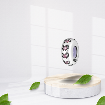 Charm Separador con Corazones y Piedras Rosas en Plata de Ley 925 Compatible con Pulseras Tipo Europeo