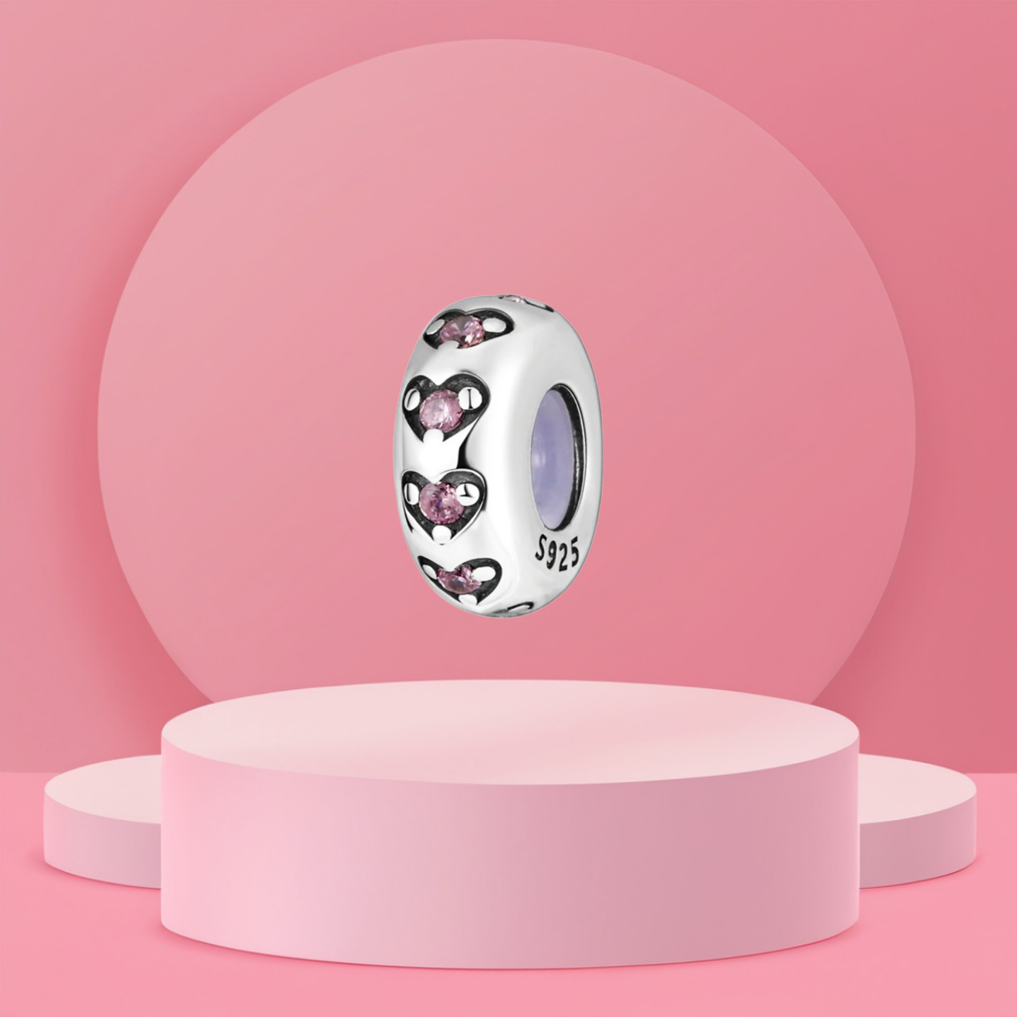 Charm Separador con Corazones y Piedras Rosas en Plata de Ley 925 Compatible con Pulseras Tipo Europeo