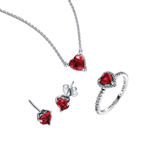 Conjunto de Regalo Collar, Pendientes y Anillo Corazón Rojo - BeJoyasVintage