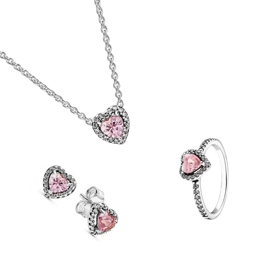 Conjunto de Regalo Collar, Pendientes y Anillo  Corazón Rosa - BeJoyasVintage