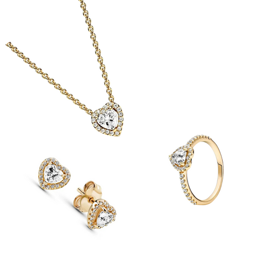 Conjunto de Regalo Collar, Pendientes y Anillo Color Oro con Corazón Blanco - BeJoyasVintage