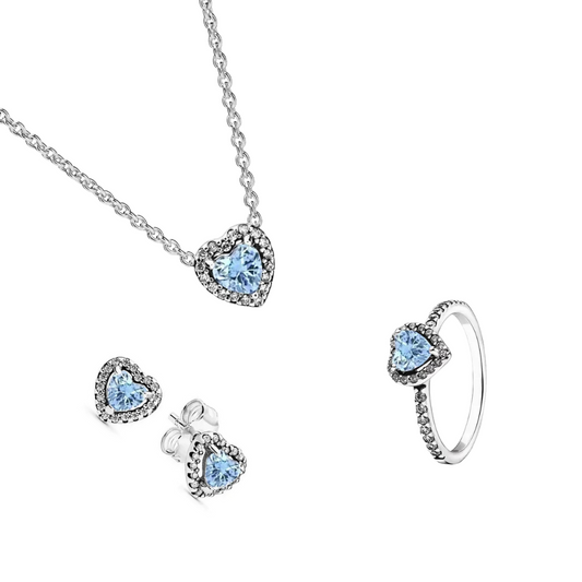Conjunto de Regalo Collar, Pendientes y Anillo Corazón Azul Cielo- BeJoyasVintage