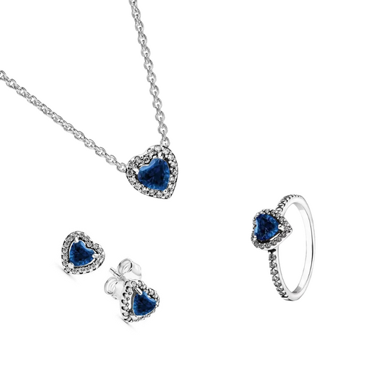 Conjunto de Regalo Collar, Pendientes y Anillo  Corazón Azul Marino - BeJoyasVintage