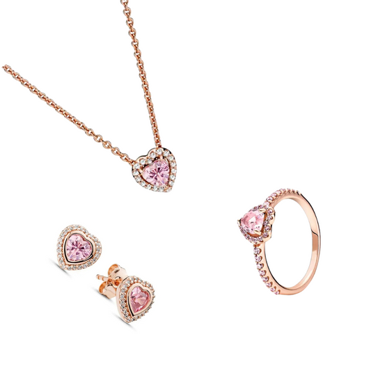 Conjunto de Regalo Collar, Pendientes y Anillo en Color Oro Rosa y Corazón Rosa - BeJoyasVintage