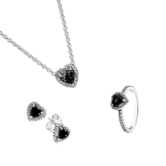 Conjunto de Regalo Collar, Pendientes y Anillo Corazón Negro - BeJoyasVintage
