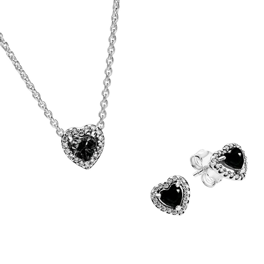 Conjunto de Regalo Collar y Pendientes Corazón Negro - BeJoyasVintage