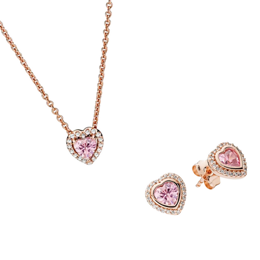 Conjunto de Regalo Collar y Pendientes de Color Oro Rosa y Corazón Rosa - BeJoyasVintage