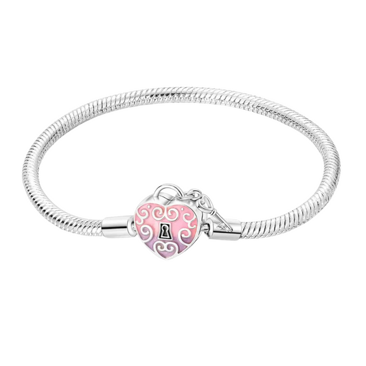 Pulsera de Cadena de Serpiente con Cierre Corazón Rosa y Llave en Plata de Ley 925