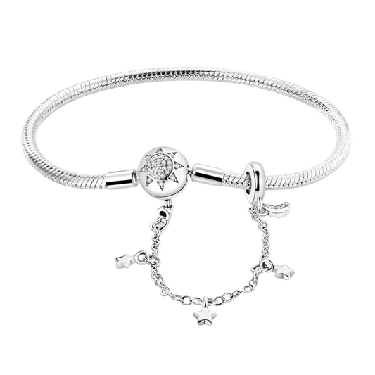 Pulsera de Cadena de Serpiente con Cierre Sol Brillante y Cadena de Seguridad Estrellas en Plata de Ley 925