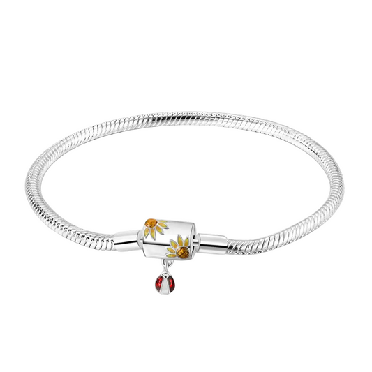 Pulsera de Cadena de Serpiente con Cierre Girasoles y Mariquita en Plata de Ley 925